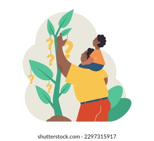 Fatherhood concept. Dad teaching his child to find a way out of difficult situation. Solution development. Positive parenting or fostering tips. Flat vector illustration