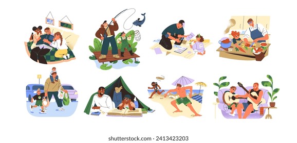 Fatherhood concept. Happy fathers spend time, play, fun with children set. Dad and kids reading together. Daddy cooking with daughter, fishing with son. Flat isolated vector illustration on white