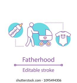 Fatherhood concept icon. Childcare idea thin line illustration. Parenthood. Father walking with baby carriage. Vector isolated outline drawing. Editable stroke