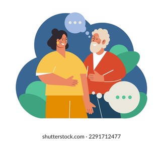 Fatherhood concept. Senior dad and his adult daughter spending time together. Positive parenting. Family communication and happiness. Flat vector illustration