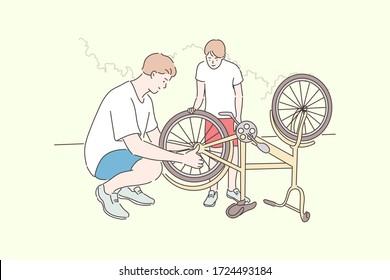 Fatherhood, cycling, childhood, repair concept. Cartoon characters young man father helps boy kid son teenager repairing bike wheel. Family care and active summer recreation lifestyle illustration.