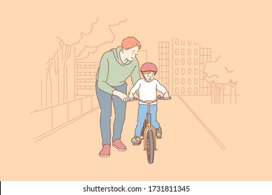 Fatherhood, cycling, childhood, training concept. Cartoon characters young man father teaching boy kid son teenager riding bicycle. Family care fathers day and active summer recreation illustration.