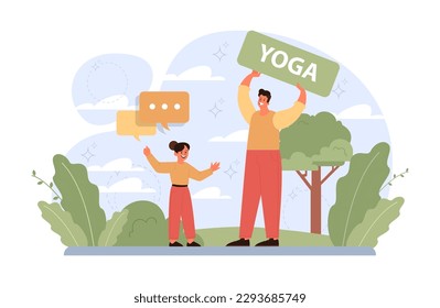 Fatherhood. Dad and child spending time together, doing yoga exercise and meditation. Childhood happiness and positive parenting. Family communication and happiness. Flat vector illustration