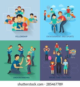 Fatherhood design concept set with fellowship sports and entertainment flat icons isolated vector illustration