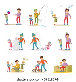 Fatherhood elements set with happy father playing fishing training working learning and reading with children isolated vector illustration