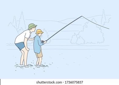 Fatherhood, fishing, childhood, training, leisure concept. Young man father teaching boy kid son teenager catching fish on lake river. Family care fathers day and active summer recreation illustration