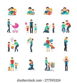 Fatherhood Flat Icons Set With Father Playing With Children Isolated Vector Illustration