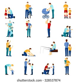 ?olor  fatherhood flat icons set with father playing with children  isolated vector illustration.