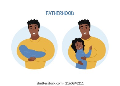 Fatherhood flat vector illustration. Dad holding newborn baby. African american man and child hugging. Father and daughter together.