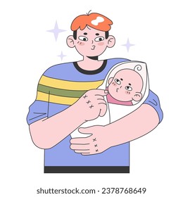 Fatherhood. Happy young dad holding a newborn child. Loving family, positive parenting and nurturing. Care, trust and support between parent and a kid. Flat vector illustration.