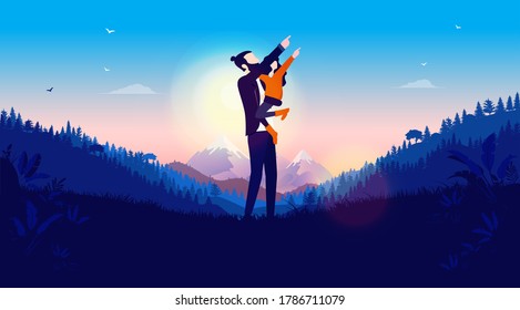 Fatherhood - Hipster man with beard and man bun holding daughter in arms pointing and watching the sky. Bringing up kid and happy future concept. Vector illustration.