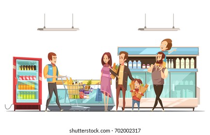 Fatherhood Household Work Grocery Shopping For Family With Kids In Supermarket Retro Cartoon Poster Vector Illustration 