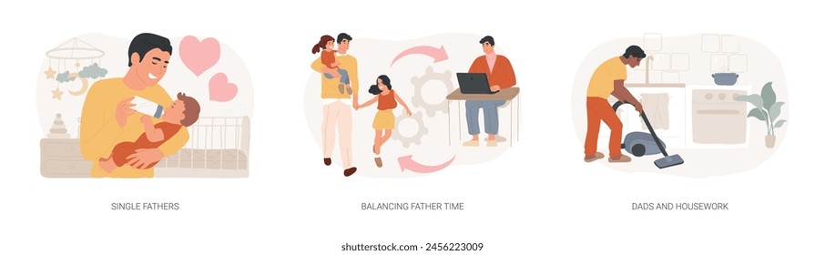 Fatherhood isolated concept vector illustration set. Single fathers, balancing father time, dads and housework, feeding baby, happy kid and family, chores at home, time together vector concept.