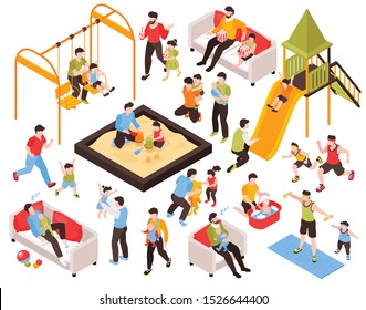 Fatherhood Isometric Set Of Fathers Engaged In Activities Or Care With Their Kids Isolated Vector Illustration