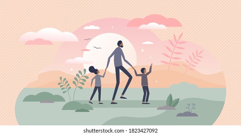 Fatherhood kids caring as dad and children family model tiny persons concept. Husband relationship with infant daughter and son vector illustration. Quality maternity time together outdoors in nature.