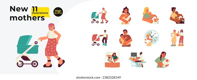 Fatherhood motherhood cartoon flat illustration bundle. Diversity mother infant, father baby 2D characters isolated on white background. Newborn care, pregnancy vector color image collection