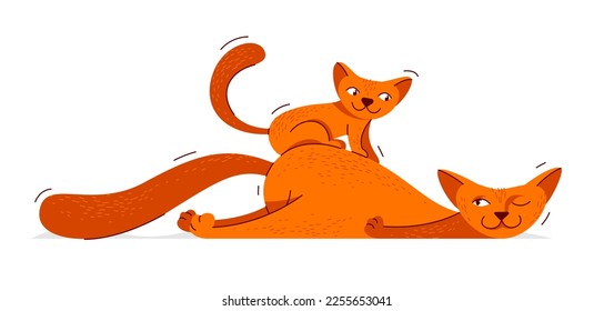 Fatherhood and parenting family concept, vector illustration father cat and kitten son plays together happy.