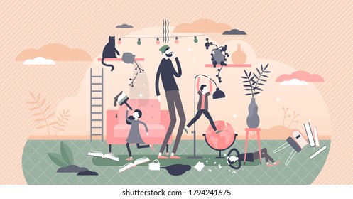 Fatherhood parenting scene with chaos and confused male in front of disobedient children tiny person concept. Helpless husband pressure from kids parenting vector illustration. Messy apartment care.