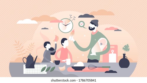 Fatherhood parenting scene with husband caring children flat tiny person concept. Family relationship model with man taking care about maternity and abstract everyday routine lifestyle visualization.