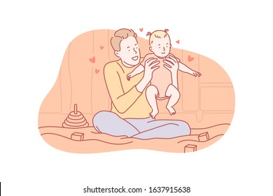 Fatherhood, playing, love, fathersday concept. Fatherhood is great responsibility. Young man father plays with his child on fathersday. Happy boy loves his baby daughter very much. Simple flat vector