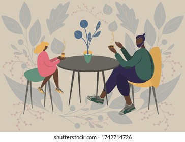 Fatherhood portrait lovely man with his daughter. Father having cup of tea in cafe table with his child. Flat modern vector illustration design. Family, love, tenderness concept. Floral background