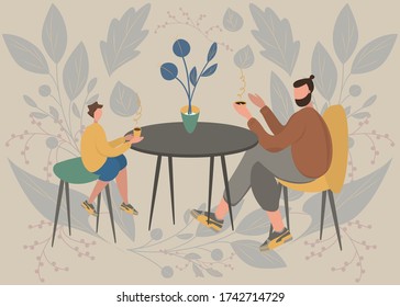 Fatherhood portrait lovely man with his son. Father having cup of tea in cafe with table with his child. Flat modern vector illustration design. Family, love, tenderness concept. Floral background
