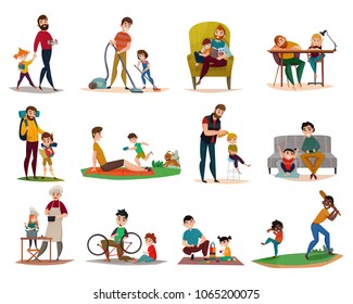 Fatherhood raising children, reading, cooking, sport activity and games, housework, set of icons isolated vector illustration