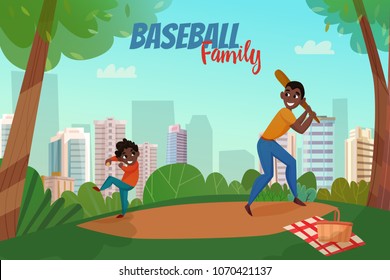 Fatherhood scene with dad and son during baseball game on city buildings background vector illustration