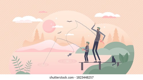 Fatherhood Scene With Father And Son Quality Fishing Time Tiny Person Concept. Husband Or Dad With Children In Holidays Happy Together Vector Illustration. Family Model With Single Kids Caring Parent.