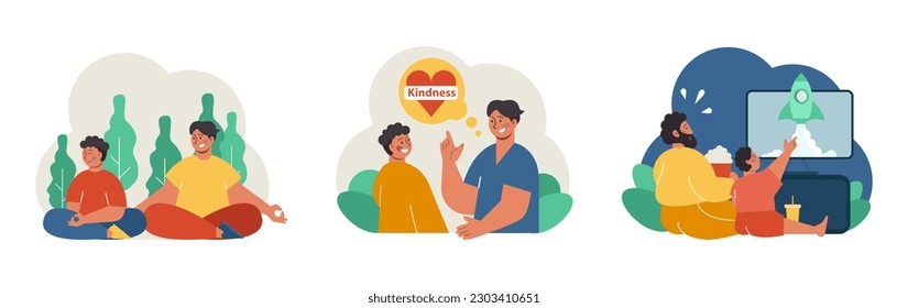 Fatherhood set. Dad and child spending time together. Childhood happiness and positive parenting. Family communication and happiness. Flat vector illustration