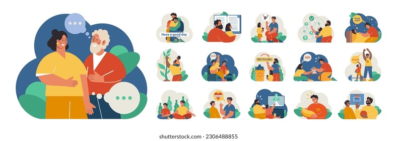 Fatherhood set. Dad and child spending time together. Childhood happiness and positive parenting. Family communication and happiness. Flat vector illustration