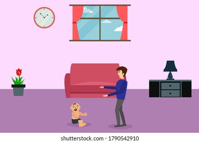 Fatherhood vector concept: father playing with his infant child in the living room