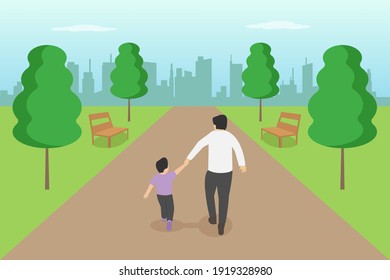 Fatherhood vector concept: Little son and young father walking together in the park while enjoying leisure time 