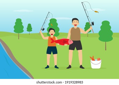 Fatherhood vector concept: Little son and young father fishing together in the river while enjoying leisure time