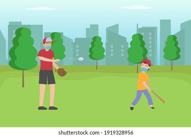 Fatherhood vector concept: Young father and little son playing baseball together in the park while wearing face mask in new normal 