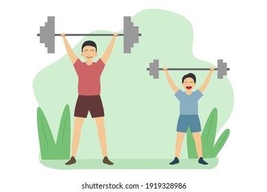 Fatherhood vector concept: Young father and little son exercising with dumbbells together