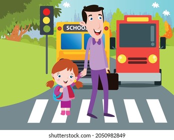 Fatherhood vector concept: Young father and schoolgirl crossing the road together while join hands