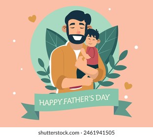 Amor paternal, tarjeta que celebra el Día del Padre, padre e hijo abrazándose. Ilustración vectorial.