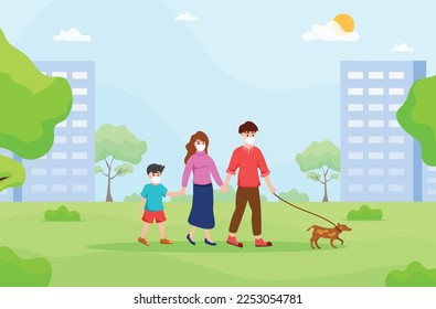 Padre, madre e hijo dando un paseo juntos, con un pequeño perro en el parque, feliz tiempo de relajación familiar