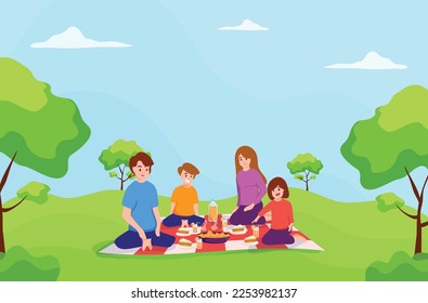 Father,Mother,daughter and son sitting on mat together,in a park,picnic time,family relax time