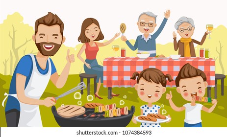 Father,mother,daughter,son,grandfather And Grandmother, Are Barbecue In The Nature Of Summer. Big Family.grilled Meat,sausages, Eat, Drink. Thumbs Up,hand Greetings,happy Picnic,holiday Travel. Vector