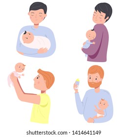 Fathers with babies. Man nurse toddlers. Young dads feed, play and hold little children. Happy parenting characters. Fathers day concept illustration