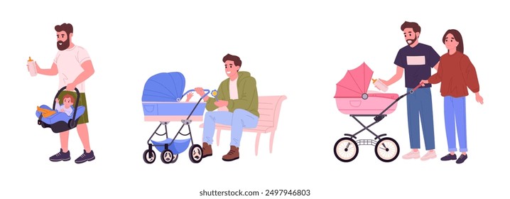 Fathers with baby strollers. Dads with baby pushchairs and carriages, young dadda walking with children in wheeling stroller flat vector illustration set. Parenting scenes collection