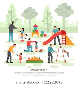 Fathers children rearing community activities flat composition poster with dads playing with little kids outdoor vector illustration 