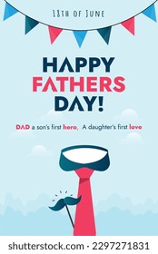 Fathers Day. 18th June Happy Fathers day celebration poster or banner with heart, shirt tie, hat, mustache. Blue greeting card for fathers day. Fathers are hero for son and daughters first love. 