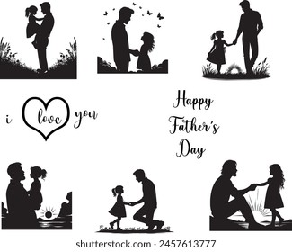 Father's day 2024 .Father  with daughter silhouette collection. Happy family, dad and cute little girl. Vector clip art illustration. Adobe Illustrator Artwork