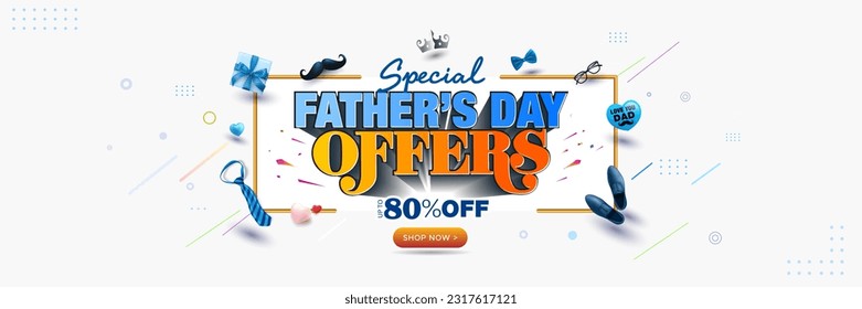 Father's Day. 3d vector banner illustration. 8% off, Special Sale, offer, deal discount, Promotion poster, web shopping banner template design.