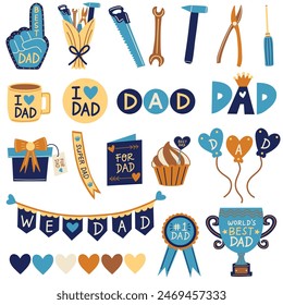 Father's Day appreciation illustration set. I love Dad mug and sticker, best dad foam hand, super dad sash, greeting card and gift for dad and more. Hand drawn vector illustrations.