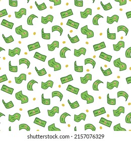 Fathers Day Background. Bank Of Dad Notes Seamless Pattern. Cartoon Money Coins, Notes Falling From Above Isolated On White Graphic Design. Vector Illustration. Dad Day Print, Poster, Wallpaper.