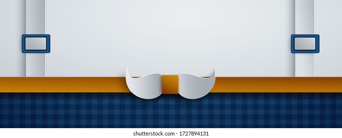 Father's Day background for holiday banner design, greeting card, poster, flyer. Blue background, golden mustache, bow tie, suspenders. Empty space for text, paper cut style, vector illustration